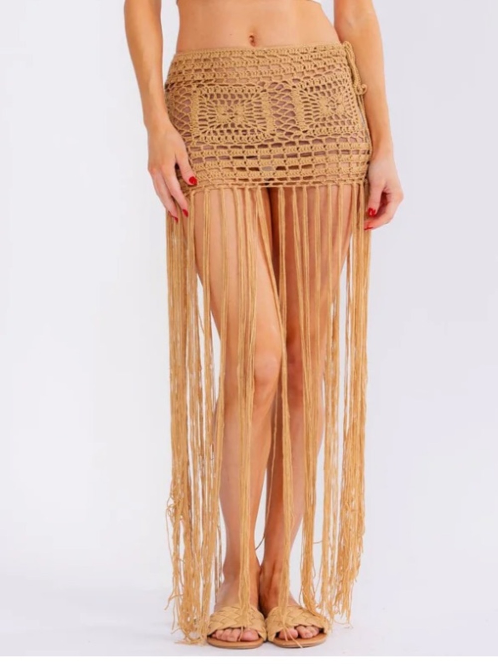 Boho NWT Festival season Fringed Crochet Mini Skirt in Tan S-M-L
